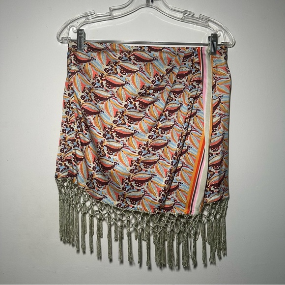 Anthropologie Colorful Tropical Beach Fringe Resortwear Mini Skirt Size M - Picture 2 of 15